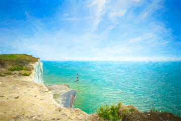 Fototapeta na wymiar This is a view of the blue sea, Beachy head lighthouse, East Sussex, England. Artwork, digital graphics, painting.