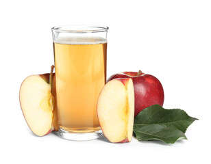 Delicious cider in glass near ripe apples on white background