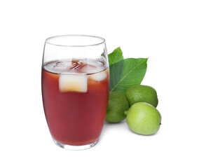 Delicious liqueur with ice and green walnuts on white background