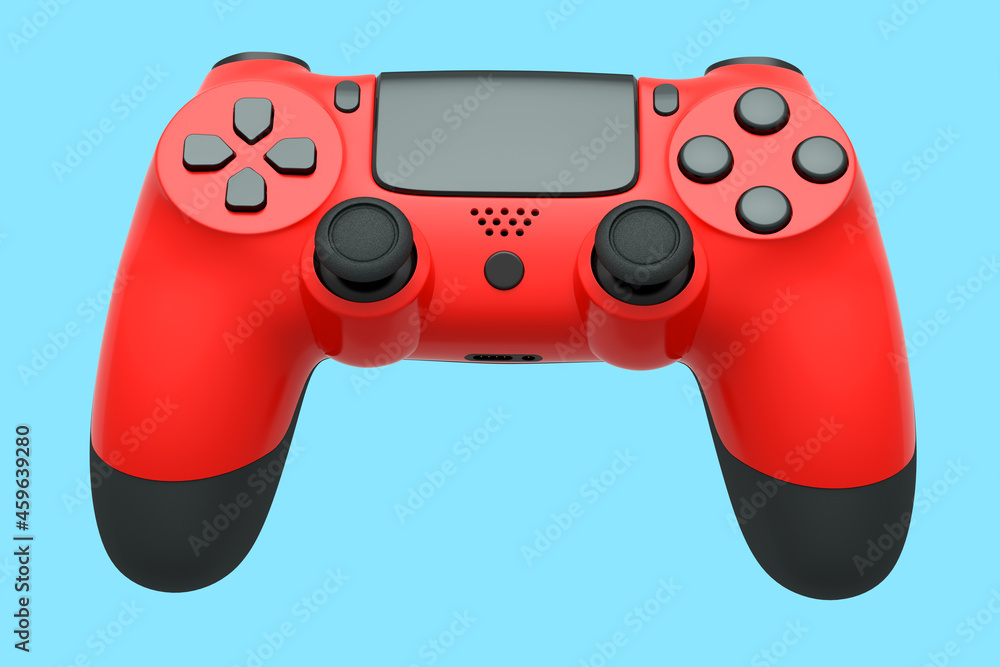 Poster realistic red joystick for video game controller on blue background