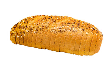 Freshly baked rye bread with bran and flax, cut into slices. Isolated on white background