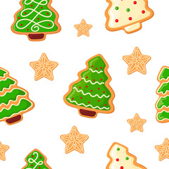 Christmas pattern of gingerbread in the form of Christmas trees and snowflakes. cartoon style