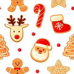 Christmas pattern. gingerbread deer, santa claus, sock for gifts, cookies man, Christmas tree, sweets. cartoon style.