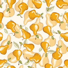 Seamless pattern with pear on white background. Natural delicious fresh ripe tasty fruit. Vector illustration for print, fabric, textile, banner, other design. Stylized pears with leaves. Food concept