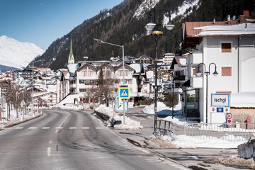 Austrian ski resort Ischgl. Village view with place name sign