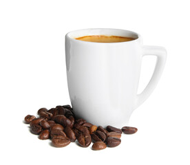 Cup of tasty espresso and scattered coffee beans on white background