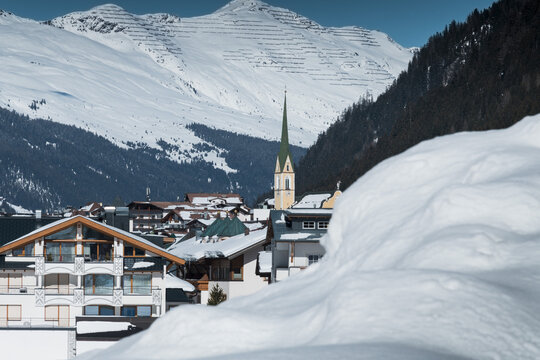 village view of Ischgl with snow and the church