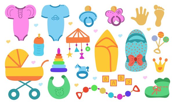 Newborn things. Cute set of things for childrenhood. Isolated icons of baby goods for newborns. Clothing, toys, accessories for hygiene, food for Infant. Vector.