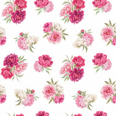 Beautiful vector seamless floral pattern with hand drawn watercolor gentle pink peony flowers. Stock illuistration.