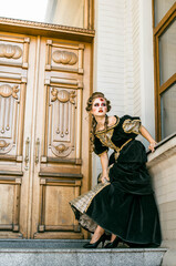 Blonde girl Countess, Duchess, Queen, Princess with a bullet hole in the forehead with a wound on...