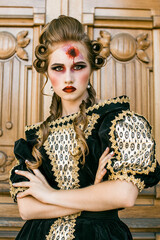 Blonde girl Countess, Duchess, Queen, Princess with a bullet hole in the forehead with a wound on...