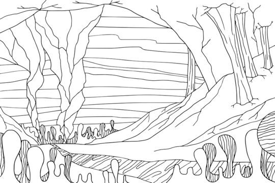 Doodle alien fantasy crater landscape coloring page for adults. Fantastic graphic artwork. Hand drawn illustration