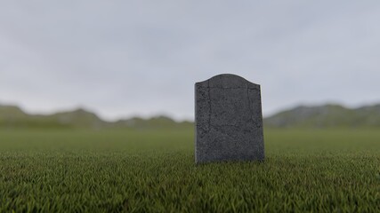 A single blank tombstone on a foggy meadow, 3D rendering