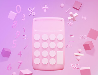 abstract Calculator and basic math operation symbols math, plus, minus, multiplication, number divide on pink background. Mathematic learning education concept. minimal cartoon style 3d render.