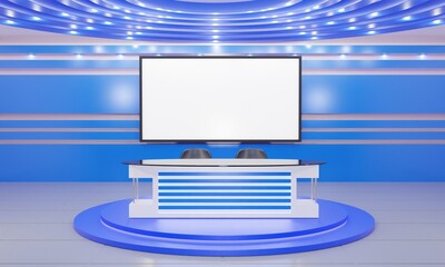 blue table and lcd background in a news studio room.3d rendering.	 - obrazy, fototapety, plakaty