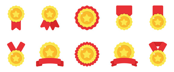 Set of Gold Medals with Red Ribbon and Stars on White Background. Shiny Golden Award Collection for Winner of Competition. Round Gold Rewards for Sport Champion. Isolated Vector Illustration