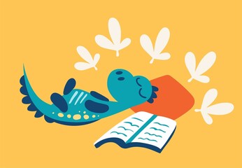 Dino sleeping with a book, vector illustration.