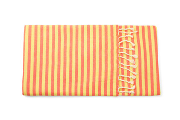Folded striped beach towel isolated on white, top view