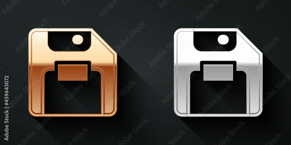 Poster gold and silver floppy disk for computer data storage icon isolated on black background. diskette si