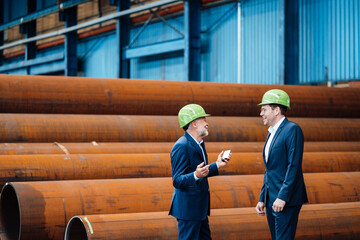 Male managing director discussing with manager at warehouse