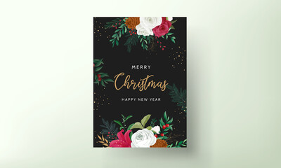 christmas card template design with beautiful flower and gold leaves