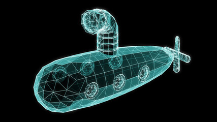3D mesh submarine as is detected on black background during scan in cyberspace as a symbol of spyware. 3D Illustration.