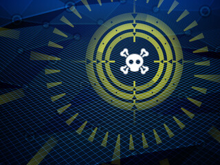 Sight is aiming for pirate icon detected during cyberspace research on hi-tech dark background. Illustration.