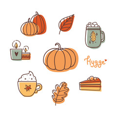 Hygge icons set for social media, web banner, advert, or print. Pumpkins, coffee, candles, oak leaf, apple pie isolated on white background. Autumn elements in  doodle style for postcard. 
