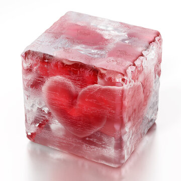 Red heart inside frozen ice cube. 3D illustration