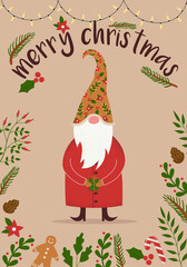Merry christmas and happy new year card with cute fairy gnome wearing big hat. Hand drawn nordic dwarf character holding gift. Vintage postcard, banner, invitation