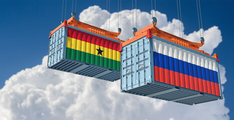 Freight containers with Russia and Ghana national flags. 3D Rendering 