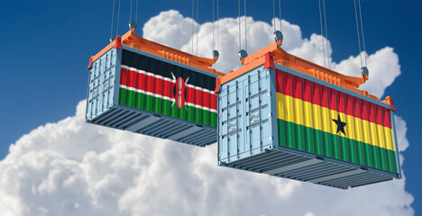 Freight containers with Kenya and Ghana national flags. 3D Rendering 