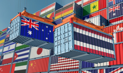 Freight containers with Australia and Thailand national flags. 3D Rendering 