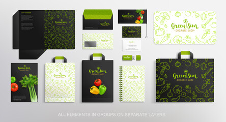 Green Sun branding identity Mock-Up set Vegetables, Food package, stationary for Vegan Cafe, restaurant and organic food shop. Logo template with vector Vegetables. Stationary branding mockup package - obrazy, fototapety, plakaty