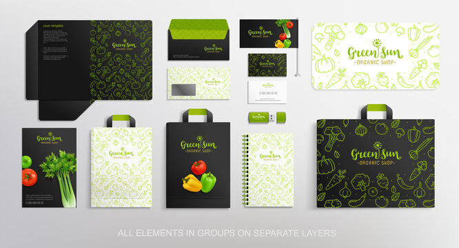 Green Sun branding identity Mock-Up set Vegetables, Food package, stationary for Vegan Cafe, restaurant and organic food shop. Logo template with vector Vegetables. Stationary branding mockup package