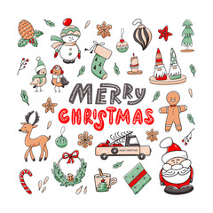 Christmas set of doodle elements with lettering Merry Christmas, isolated on white background. Toys, Christmas characters, candy, Christmas tree and gift. Vector illustration in hand drawn style.