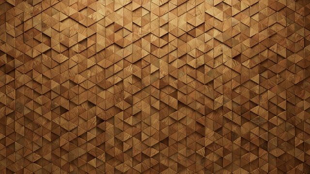 Timber, Soft sheen Mosaic Tiles arranged in the shape of a wall. Triangular, 3D, Blocks stacked to create a Wood block background. 3D Render