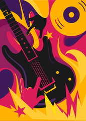 Rock music poster with electric guitar. Placard design in flat style.