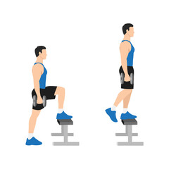 Man doing Dumbbell step ups exercise. Flat vector illustration isolated on white background - obrazy, fototapety, plakaty