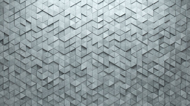 3D, Semigloss Mosaic Tiles arranged in the shape of a wall. Polished, Concrete, Bricks stacked to create a Triangular block background. 3D Render