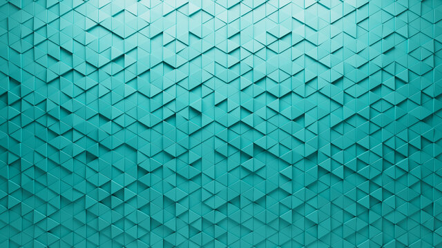 Polished, 3D Mosaic Tiles arranged in the shape of a wall. Semigloss, Triangular, Bricks stacked to create a Teal block background. 3D Render