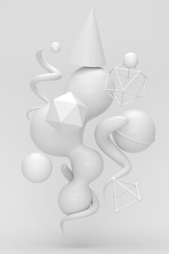 Three dimensional render of various abstract geometric shapes floating against white background