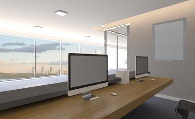 Modern office building interior. 3D rendering.. Blank paintings.  Mockup.