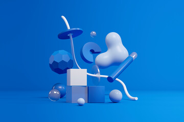 Three dimensional render of blue and white geometric shapes floating against blue background