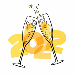 Two sparkling glasses of champagne. 2022 Merry Christmas and Happy New Year. Hand drawn retro style vector illustration.