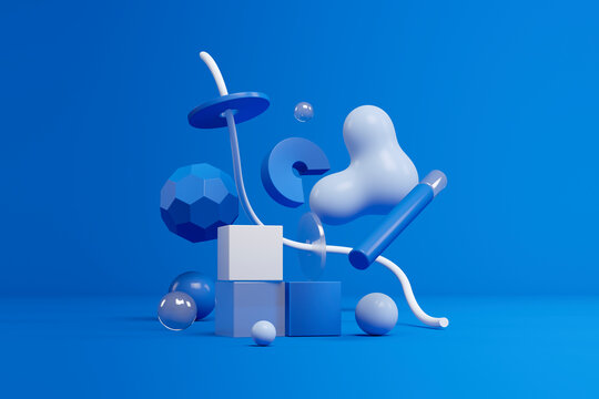 Three dimensional render of blue and white geometric shapes floating against blue background