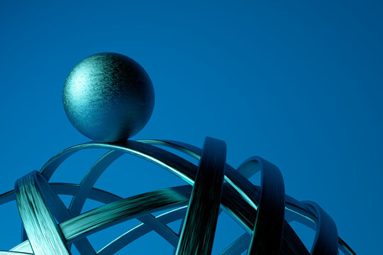Three dimensional render of metallic sphere rolling on overlapping cables