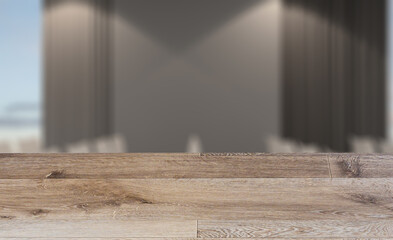 Background with empty wooden table. Flooring. Modern office Cabinet.  3D rendering.   Meeting room