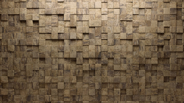 Semigloss, Polished Mosaic Tiles arranged in the shape of a wall. 3D, Natural Stone, Bricks stacked to create a Square block background. 3D Render