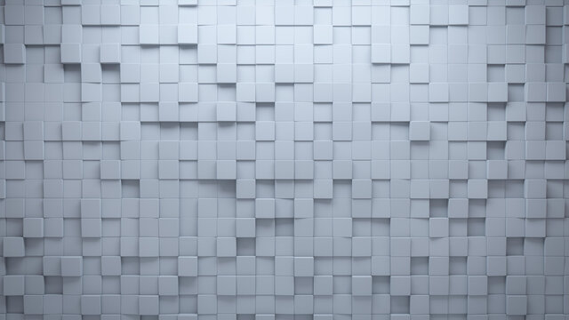 White, Semigloss Mosaic Tiles arranged in the shape of a wall. Square, Polished, Bricks stacked to create a 3D block background. 3D Render